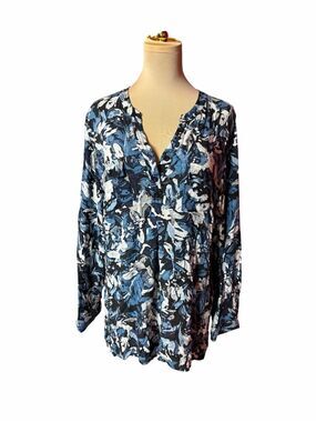 CJ Banks Blue White Floral V Neck Long Sleeve Blouse Plus Size 1X